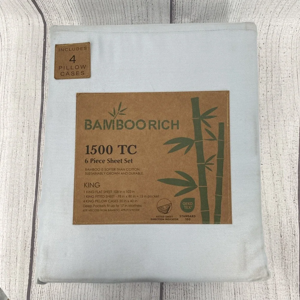 Bamboo Rich Sheet Set KING Light Blue 1500 Thread Count Silky Soft Sustainable